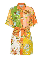 Short Sleeves Flower Print Lapel Collar Mini Dresses