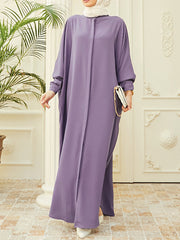 Buttoned Muslim Solid Color Split-Side Batwing Sleeves Loose Round-Neck Muslim Abaya Maxi Dresses
