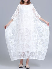 Flower Print See-Through Solid Color A-Line Half Sleeves Round-Neck Midi Dresses