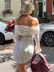 Lace Hollow Slim Mini Dress For Women One Shoulder Sexy Long Sleeves Club Party Dresses Bodycon Bandage Elegant AutumnChristmas Gifts