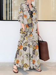 Printed Split-Joint Loose Plus Size Lapel Shirt Dress Maxi Dresses