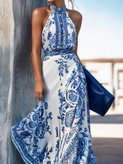 Contrast Color Flower Print A-Line High Waisted Halter-Neck Maxi Dresses