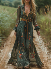Vintage Floral Long Sleeves Ruffled Maxi Dresses