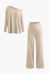 Solid Asymmetrical Long Sleeve Top And Elastic Waist Straight Leg Pants Set