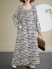 Contrast Color Elasticity Striped A-Line Long Sleeves Round-Neck Maxi Dresses