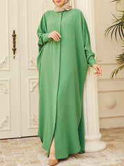 Batwing Sleeves Loose Buttoned Muslim Solid Color Split-Side Round-Neck Maxi Dresses