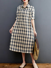Plaid Half Sleeves Loose Lapel Midi Dresses