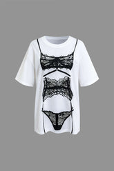 Oversized Lace Lingerie Print T-shirt