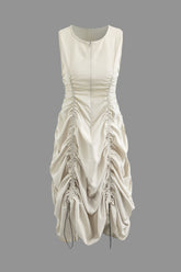 Round Neck Ruched Drawstring Sleeveless Midi Dress