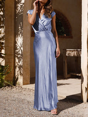 Loose Short Sleeves Pleated Solid Color Split-Joint V-Neck Maxi Dresses