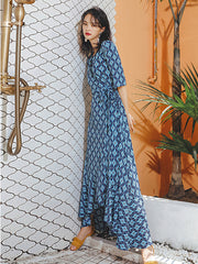 Vacation A-Line Half Sleeves Lace-Up Plaid V-Neck Maxi Dress