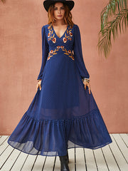 Vacation Polka-Dot Embroidered V-Neck Maxi Dress