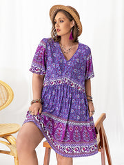 Vacation Half Sleeves A-Line Floral Printed V-Neck Mini Dresses