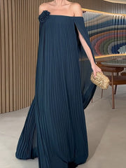 Loose Gauze Pleated Solid Color Tiered Off-The-Shoulder Evening Dresses Maxi Dresses