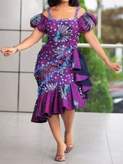 Floral Printed Off-The-Shoulder Falbala Split-Joint Wrap Midi Dress