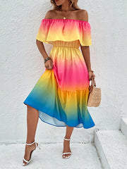 Contrast Color Elasticity A-Line Loose Off-The-Shoulder Midi Dresses