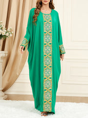 Contrast Color Embroidered Muslim Batwing Sleeves Loose Round-Neck Muslim Abaya Maxi Dresses