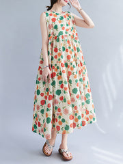 Floral Printed Pleated Split-Joint Loose Sleeveless Round-Neck Midi Dresses