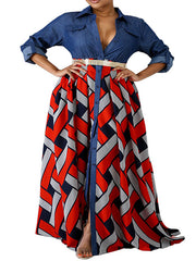 Buttoned Elasticity Printed Split-Joint Long Sleeves Loose Lapel Maxi Dresses