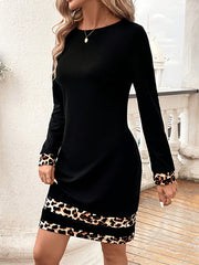 Bodycon Long Sleeves Contrast Color Leopard Round-Neck Mini Dresses