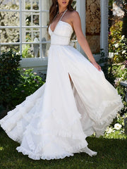 White Color Euffled Sleevless Spaghetti-Neck Split-Side Maxi Dresses