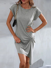 Casual Short Sleeves Pleated Round-Neck Gray Mini Dress