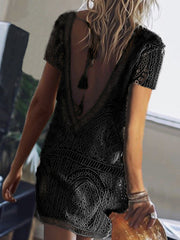 Solid Color Hollow Backless Short Sleeved Mini Dress