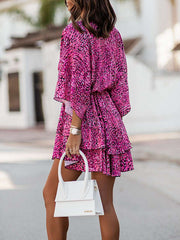 Double Layered Elasticity Printed A-Line High Waisted V-Neck Mini Dresses