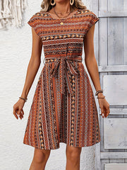 Contrast Color Tied Waist A-Line Loose Round-Neck Mini Dresses