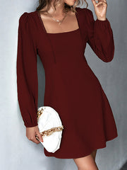 A-Line High Waisted Solid Color Split-Joint Square-Neck Mini Dresses