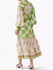 Flower Printed Patchwork Long Sleeves Elegant Maxi Dresses