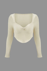 Square Neck Twist Front Crop Rib Knit Long Sleeve Top