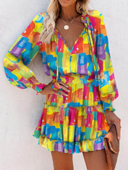 Contrast Color Pleated Split-Joint Tied A-Line Long Sleeves V-Neck Mini Dresses