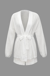 V-neck Belted Long Sleeve Shirt And Elastic Waist Shorts Set