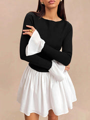 Contrast Color Pleated Split-Joint A-Line Flared Sleeves Round-Neck Mini Dresses