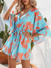 Buttoned Drawstring Flower Print A-Line Half Sleeves V-Neck Mini Dresses