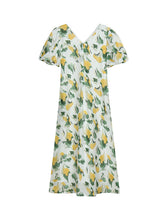 Pleated Printed Loose Puff Sleeves V-Neck Midi Dresses