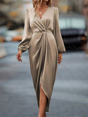 Loose Puff Sleeves Pleated Solid Color Split-Joint V-neck Midi Dresses