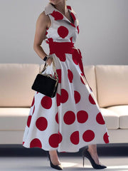A-Line Sleeveless Polka-Dot Split-Joint Tied Waist Lapel Maxi Dresses Shirt Dress