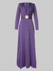 Long Sleeves Wrap Belted Pleated Solid Color Split-Side V-Neck Evening Dresses Maxi Dresses