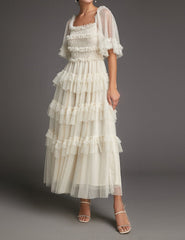 - Beige Swiss Dot Mesh Ruffle Tiered Midi Dress