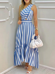 High Waisted Loose Asymmetric Hollow Pleated Pockets Split-Joint Striped Zipper One-Shoulder Midi Dresses