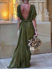Solid Color V-Neck Bandage Loose Pleated Elegant Maxi Dresses