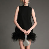 Black Sleeveless Mock Neck Feather-Trimmed Mini Dress