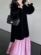 Contrast Color Pleated Ruffled Split-Joint Velvet Flared Sleeves Long Sleeves Round-Neck Midi Dresses