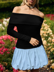 High Waisted Long Sleeves Contrast Color Pleated Split-Joint Off-The-Shoulder Mini Dresses