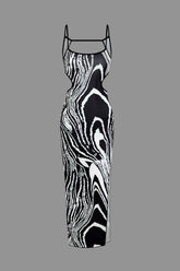 Abstract Print Backless Tie Slit Slip Slit Midi Dress
