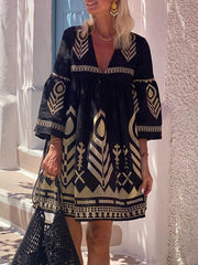 Flared Sleeves Loose Embroidered Split-Joint Deep V-Neck Mini Dresses