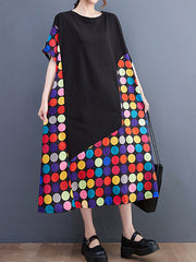 Multi-Colored Polka-Dot Split-Joint Loose Short Sleeves Round-Neck Midi Dresses