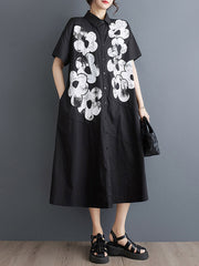 Asymmetric Buttoned Flower Print A-Line Loose Lapel Shirt Dress Midi Dresses